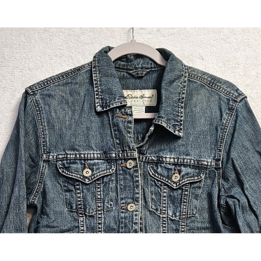Vtg Eddie Bauer Denim Jean Jacket‎ Womens Size Sm Blue Button Up Hipster School